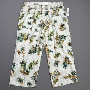 Westbound Woman Cropped Pants Wide Leg Tropical Palm Linen Blend White Womens 3X